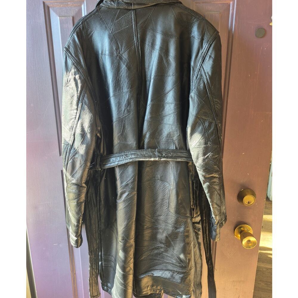 Vintage patch work 1980s black leather trench coat womens size large with belt - Picture 4 of 6
